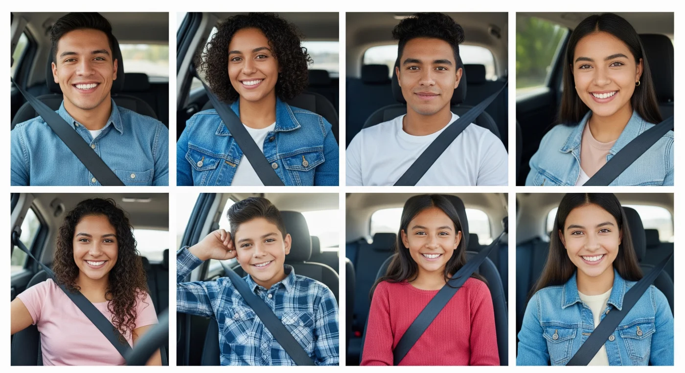 Ajusta correctamente el cinturón. La imagen muestra ocho personas latinas diversas, incluyendo jóvenes, adultos y niños, cada uno en su propio recuadro individual. Todos llevan puesto el cinturón de seguridad, lo que subraya la importancia de esta medida de protección para todas las edades.