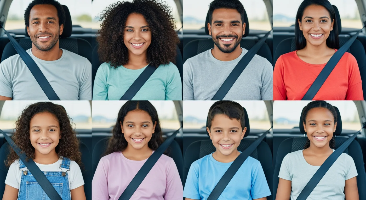 La imagen muestra a ocho personas latinas diversas, que incluyen jóvenes, adultos y niños, cada una en su propio recuadro individual. Todos están claramente visibles, con expresiones variadas, y lo más importante, cada uno lleva puesto el cinturón de seguridad, lo que subraya un mensaje de seguridad. La composición general resalta la importancia de esta medida de protección para todas las edades.
